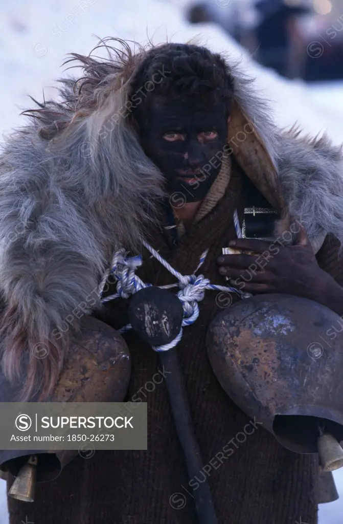 Greece, North, Volakas, Reveller Dressed As An Arapis During New Year Carnival In Village Near Dhrama.