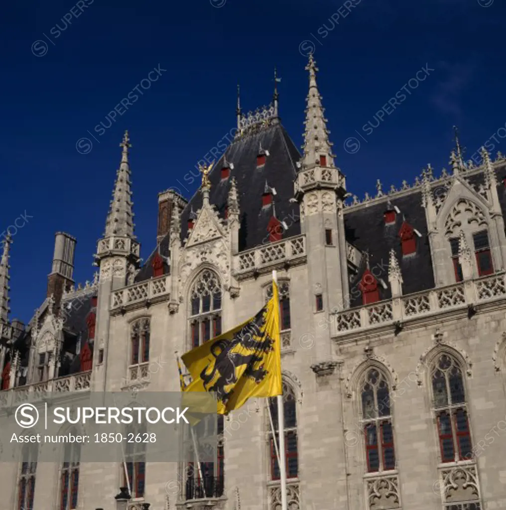 Belgium, West Flanders, Bruges, 'Main Square, Markt, Post Office Building & Flags '