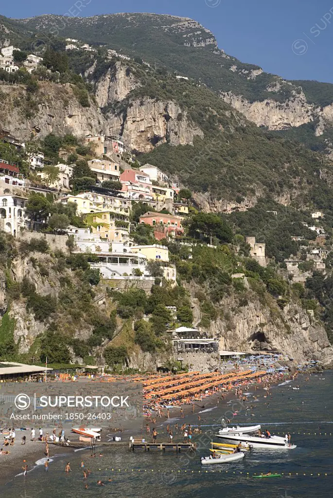 Italy, Campania, Positano, General View Of Spiaggia Grande Backed By Amalfi Coast