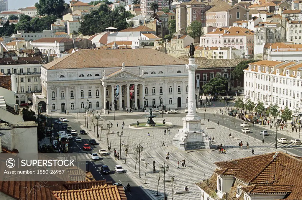 Portugal, Estremadura, Lisbon, 'Dom Pedro Iv Statue, Teatro Nacional De Dona Maria Ii, Rossio Square, From Elevator Santa Justa.'