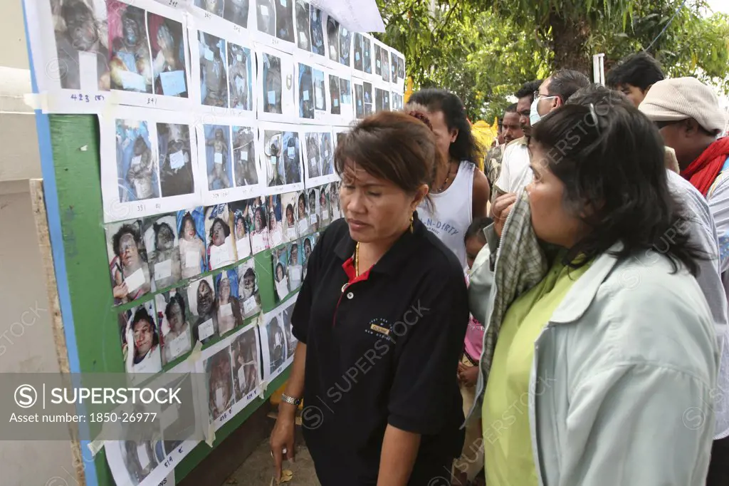 Thailand, Phang Nga District, Takua Pa, 'Tsunami. Thai'S Look At The Pictures Of The Unidentified Dead Posted Up Outside The Temple, Wat Yan Yao 130Kms North Of Phuket On The 31St Dec.'