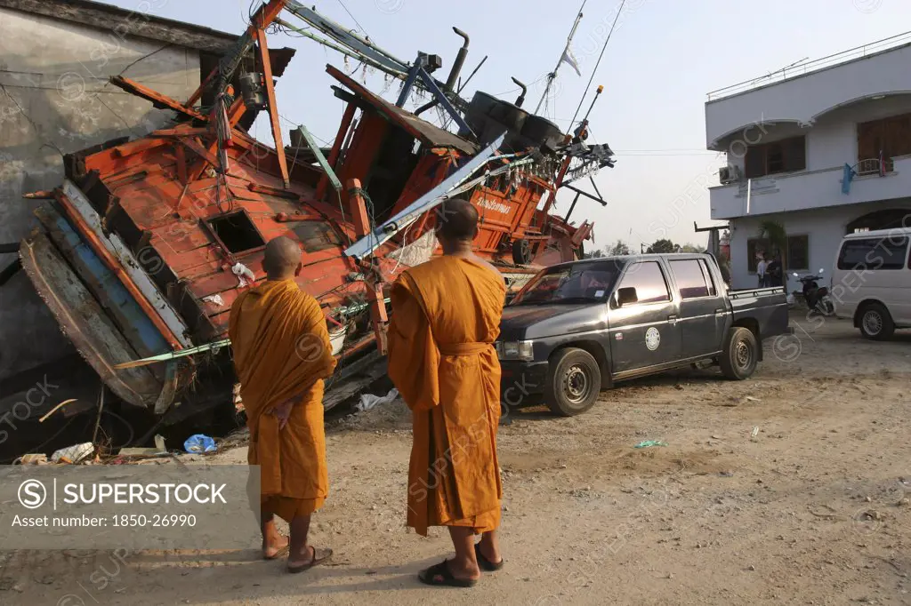 Thailand, Phang Nga District, Nam Khem, 'Tsunami. Monks Looks At The Damage Caused By The Tsunami, Nothing Is Left Standing In The Village 2500 People Are Pressumed Dead. 125Kms North Of Phuket On The 2Nd Jan.'