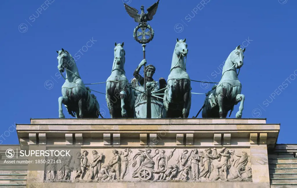 Germany, Berlin, 'The Brandenburg Gate.  The Quadriga On Top Of The Gate.  Chariot Drawn By Four Horses Driven By Victoria, Roman Goddess Of Victory.'