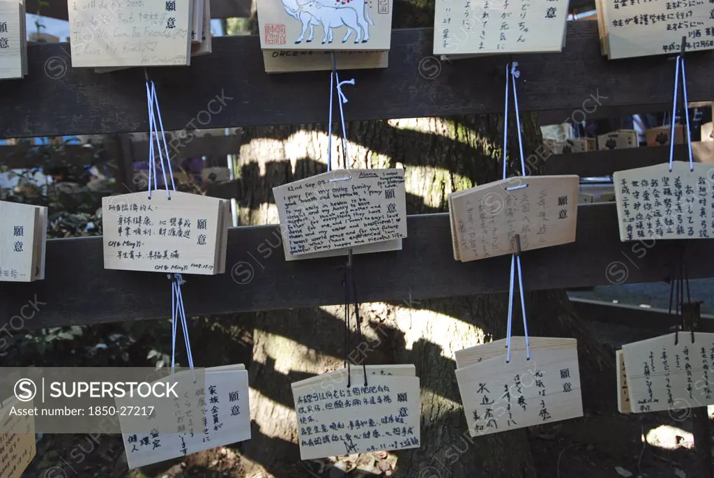 Japan, Honshu, Tokyo, 'Jingumae - At Meijijingu Shrine, Ema Wooden Cards With New Years Resolutions And Wishes Written On Them, Some In English, Decorated With Year Of Cow'