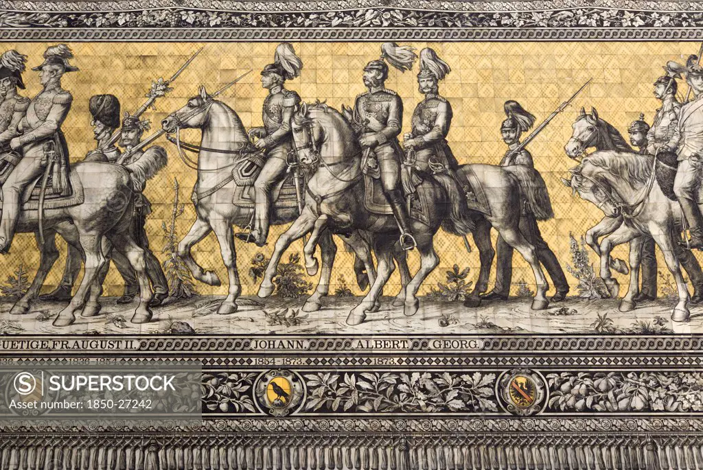 Germany, Saxony, Dresden, 'Frstenzug Or Procession Of The Dukes In Auguststrasse A Mural On 25,000 Meissen Tiles That Depicts 35 Noblemen From The 12Th Century Konrad The Great, To Friedrich August Iii, Saxony'S Last King, Who Ruled From 1904-1918. It Was Originally Painted By Wilhelm Walter Between 1870 And 1876 But Eventually, The Stucco Began To Crumble And Around 1906-'07 It Was Replaced By The Tiles.'