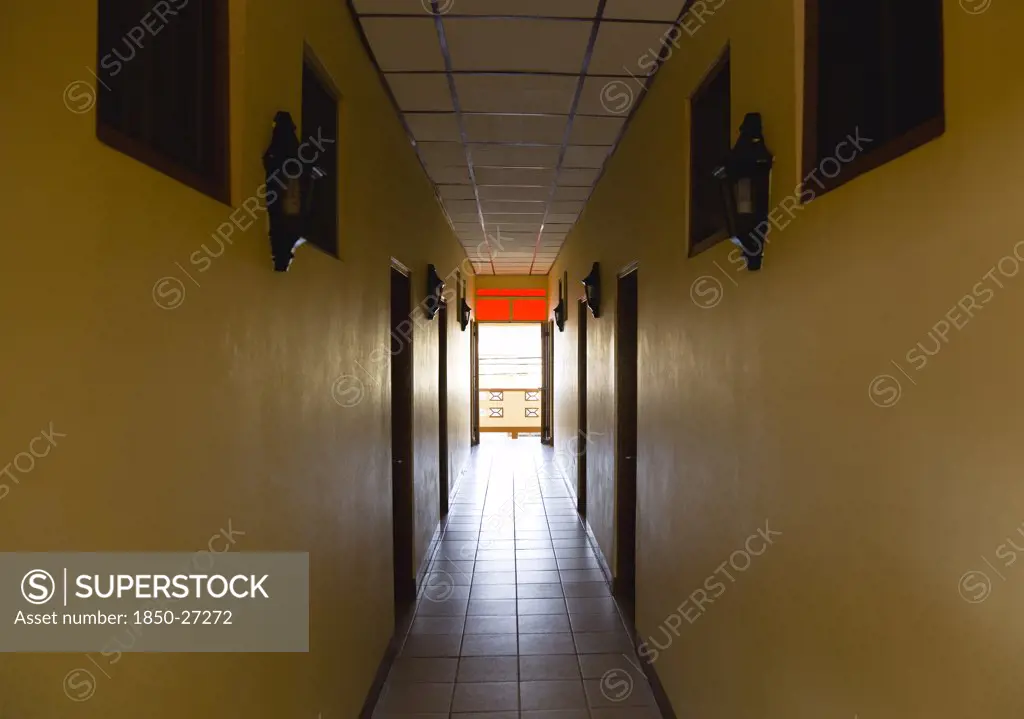 West Indies, Grenada, Carriacou, Corridor In Hotel Leading To An Open Balcony In Hillsborough.
