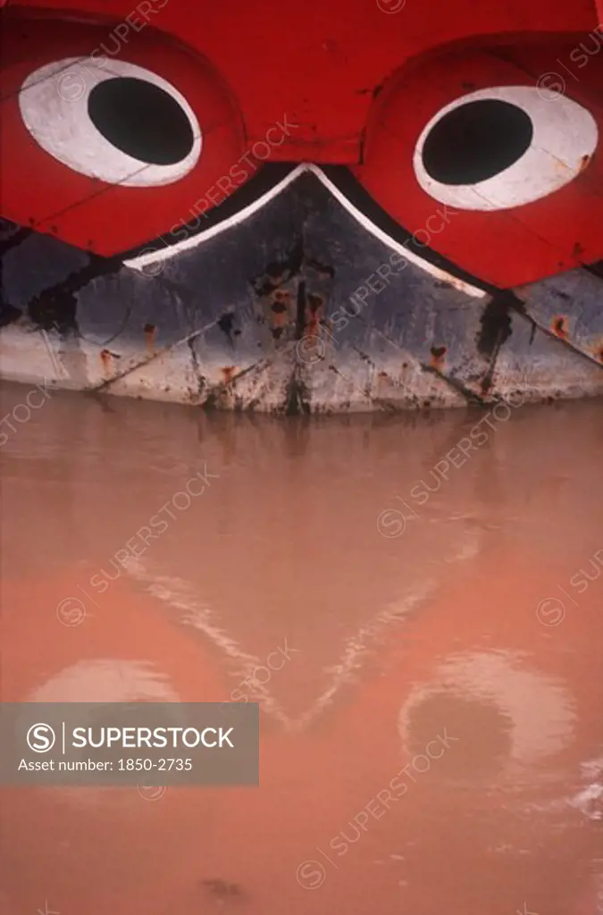 Vietnam, My Tho, Detail Of Boat With Traditional Painted Decoration Depicting A Pair Of Guarding Eyes