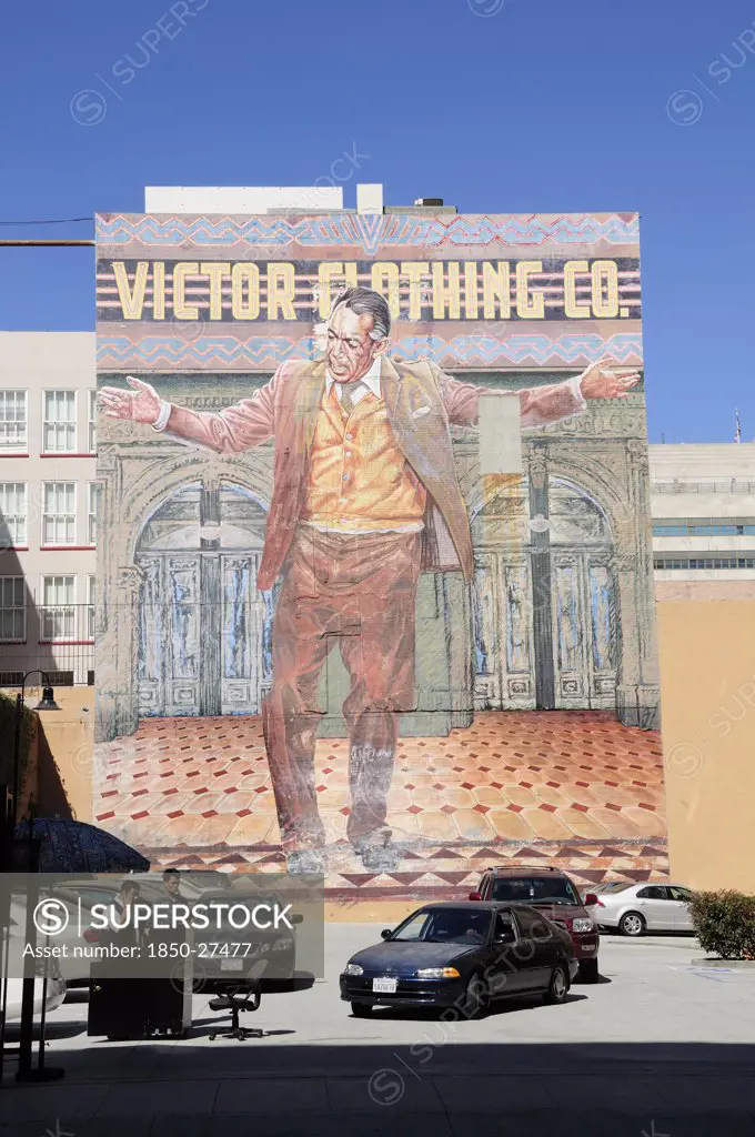 Usa, California, Los Angeles, 'Mural Depicting Clothing History Downtown, Fashion District. Valet Parking Lot Below.'