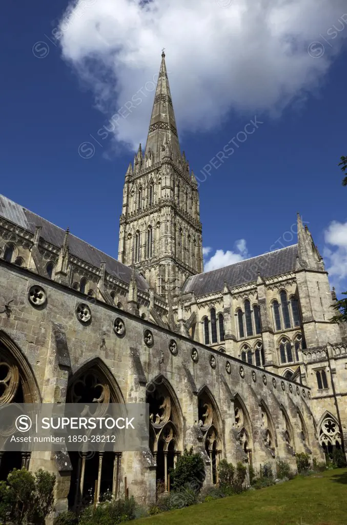 England, Wiltshire, Salisbury, 'Cathedral, Cloisters And Spire. Tallest Church Spire In Britain'