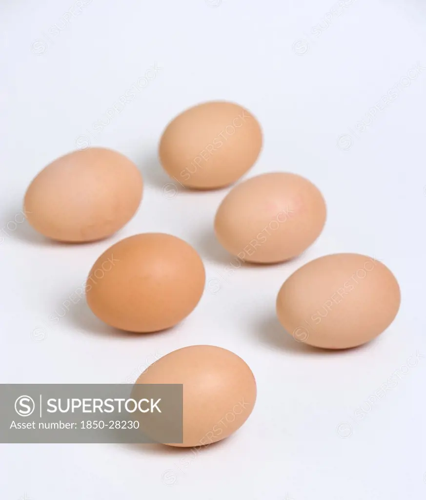 Food, Uncooked, Eggs, Six Free Range Eggs On A White Background.