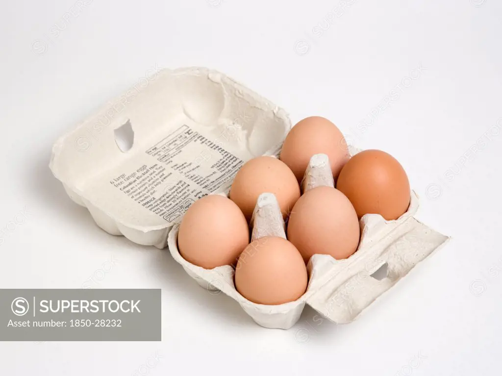 Food, Uncooked, Eggs, Box Of Six Free Range Eggs In A Box On A White Background.