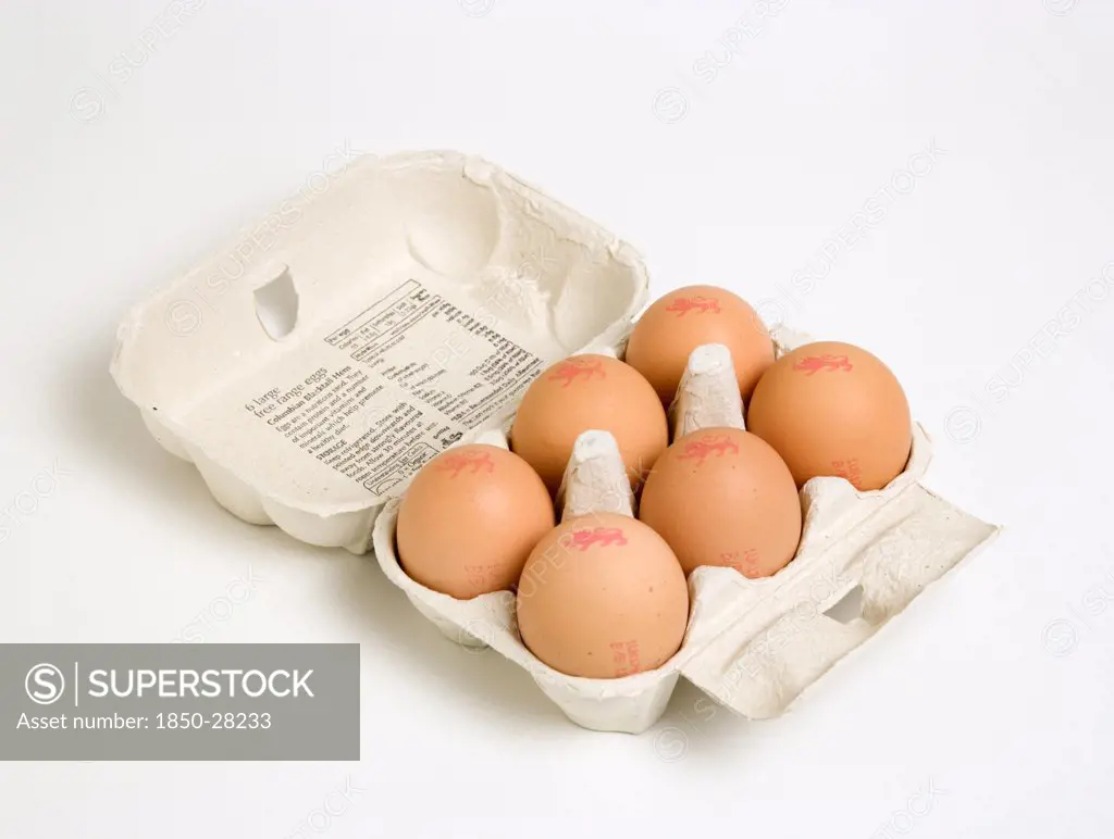 Food, Uncooked, Eggs, Box Of Six Free Range Eggs In A Box On A White Background With The Lion Mark Which Denotes Eggs Produced To A Stringent Code Of Practice Incorporating The Latest Research And Advice On Salmonella And Eggs From Scientists And Vets And Account For Around 85% Of Uk Egg Production.