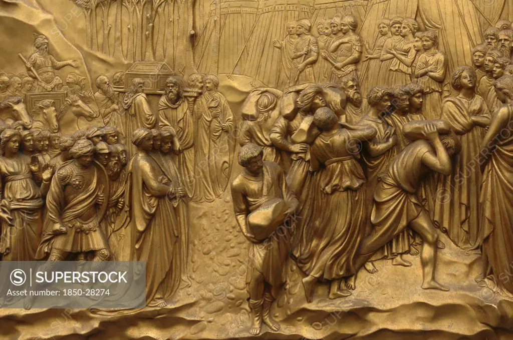 Italy, Tuscany, Florence, Bronze Doors With Relief Sculptures By Lorenzo Ghiberti  Florence Baptistry  Piazza Del Duomo.