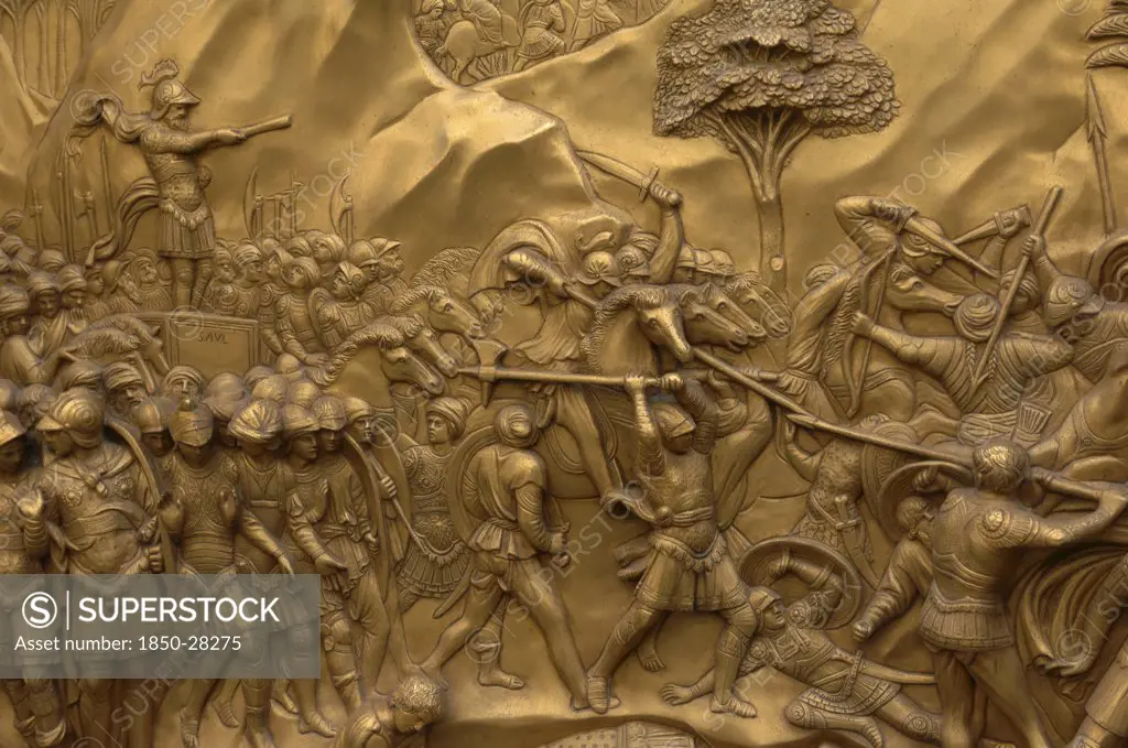 Italy, Tuscany, Florence, Bronze Doors With Relief Sculptures By Lorenzo Ghiberti  Florence Baptistry  Piazza Del Duomo.