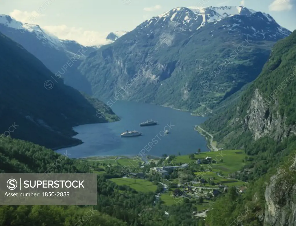 Norway, Romsdal, Geiranger Fjord, 'View From Mountain Top,Cruise Ships,Houses '