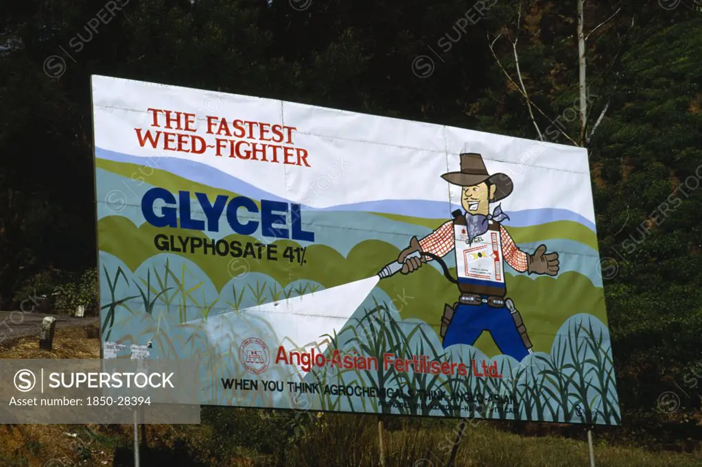 Sri Lanka, Agriculture, Pesticides, Hand Painted Billboard Poster Advertising Glycel Weed Killer Fertiliser From Anglo Asian Fertilisers Containing Glyphosate A Systemic Herbicide Originally Patented By Monsanto Company As Roundup.