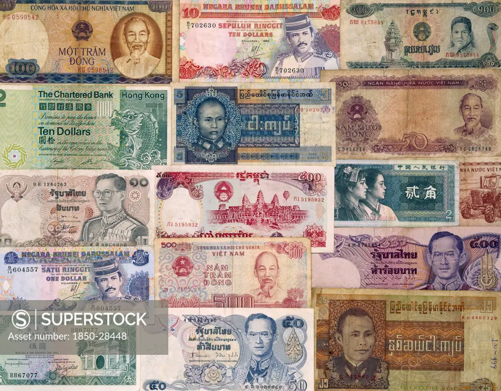 Business, Finance, Money, Display Of Foreign Currency Bank Notes From Southeast Asian Countries.