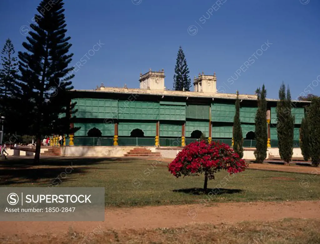 India, Karnataka, Mysore, Summer Palace Or Daria Daulat. Green Facade
