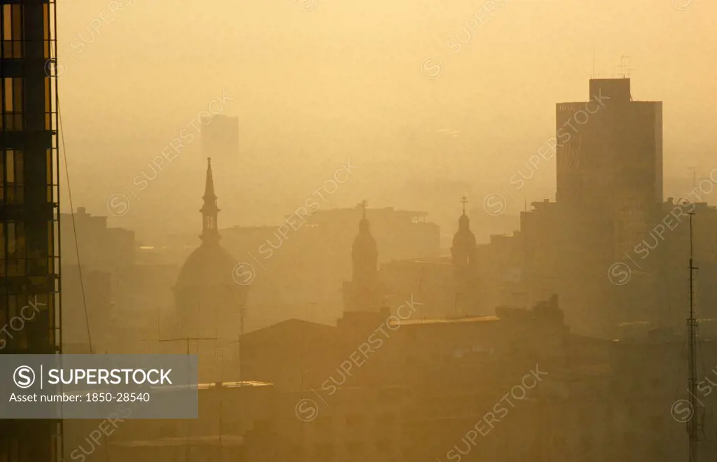 Environment , Air, Pollution , City Skyline With Heavy Smog In  Santiago  Chile.