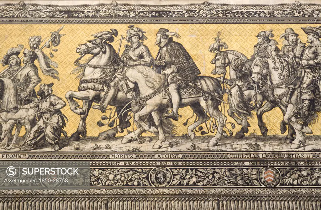 Germany, Saxony, Dresden, Furstenzug Or Procession Of The Dukes In Auguststrasse A Mural On 25 000 Meissen Tiles That Depicts 35 Noblemen From The 12Th Century Konrad The Great  To Friedrich August Iii  Saxonys Last King  Who Ruled From 1904-1918. It Was Originally Painted By Wilhelm Walter Between 1870 And 1876 But Eventually  The Stucco Began To Crumble And Around 1906-07 It Was Replaced By The Tiles. Detail Showing Moritz And August.