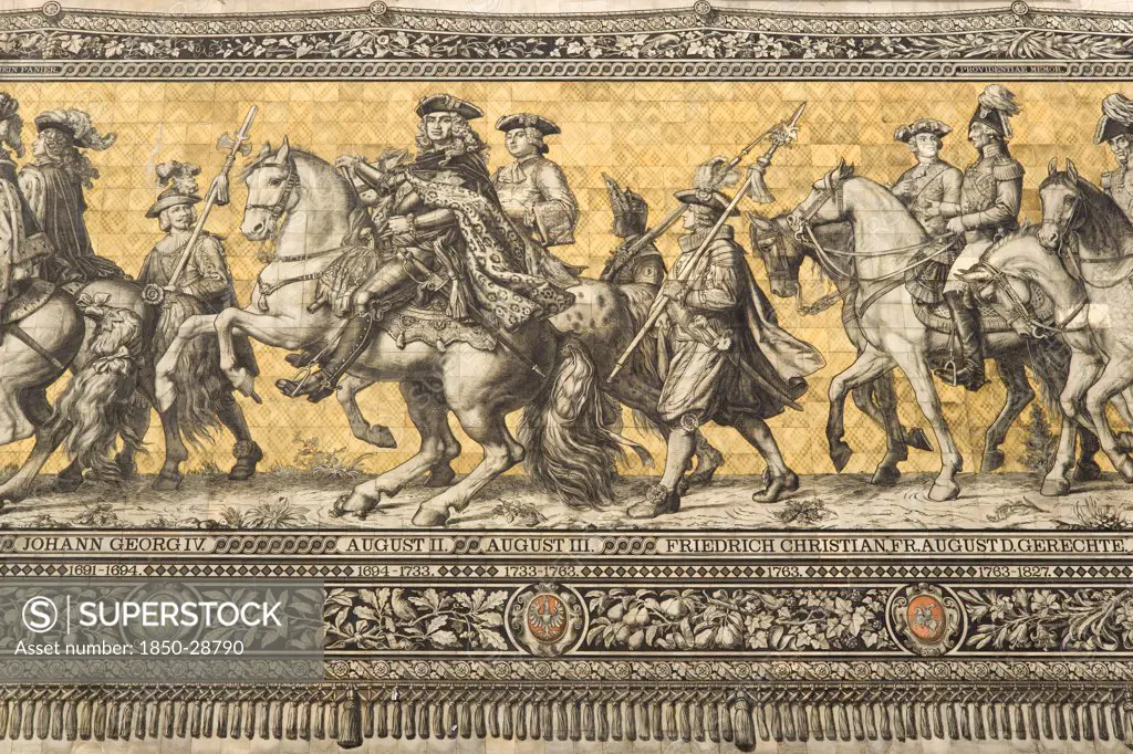 Germany, Saxony, Dresden, Furstenzug Or Procession Of The Dukes In Auguststrasse A Mural On 25 000 Meissen Tiles That Depicts 35 Noblemen From The 12Th Century Konrad The Great  To Friedrich August Iii  Saxonys Last King  Who Ruled From 1904-1918. It Was Originally Painted By Wilhelm Walter Between 1870 And 1876 But Eventually  The Stucco Began To Crumble And Around 1906-07 It Was Replaced By The Tiles. Detail Showing August Ii And August Iii.