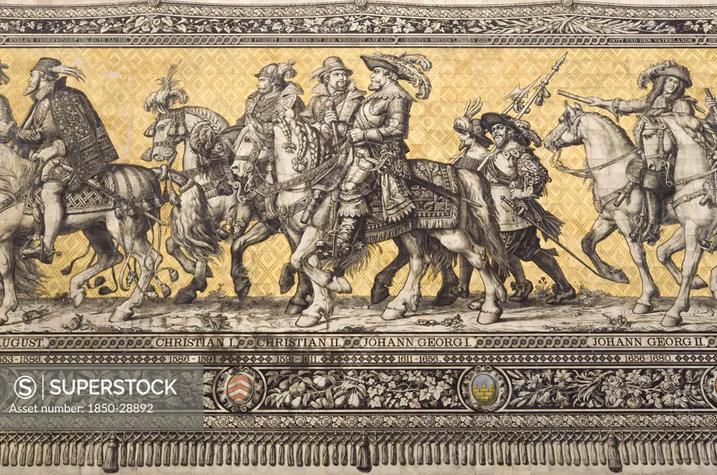 Germany, Saxony, Dresden, Furstenzug Or Procession Of The Dukes In Auguststrasse A Mural On 25 000 Meissen Tiles That Depicts 35 Noblemen From The 12Th Century Konrad The Great  To Friedrich August Iii  Saxonys Last King  Who Ruled From 1904-1918. It Was Originally Painted By Wilhelm Walter Between 1870 And 1876 But Eventually  The Stucco Began To Crumble And Around 1906-07 It Was Replaced By The Tiles. Detail Showing Christian I  Christian Ii And Johann George I.