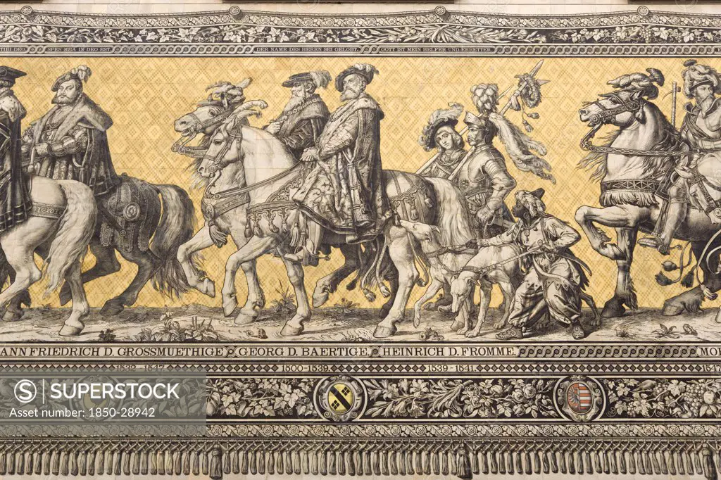 Germany, Saxony, Dresden, Furstenzug Or Procession Of The Dukes In Auguststrasse A Mural On 25 000 Meissen Tiles That Depicts 35 Noblemen From The 12Th Century Konrad The Great  To Friedrich August Iii  Saxonys Last King  Who Ruled From 1904-1918. It Was Originally Painted By Wilhelm Walter Between 1870 And 1876 But Eventually  The Stucco Began To Crumble And Around 1906-07 It Was Replaced By The Tiles.