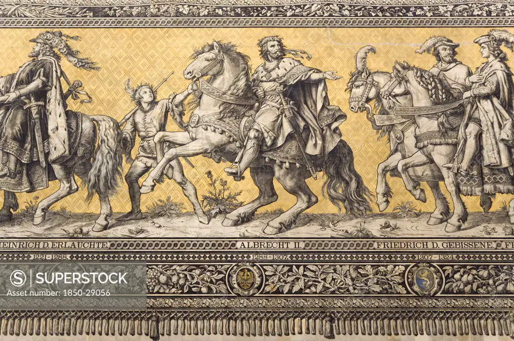 Germany, Saxony, Dresden, Furstenzug Or Procession Of The Dukes In Auguststrasse A Mural On 25 000 Meissen Tiles That Depicts 35 Noblemen From The 12Th Century Konrad The Great  To Friedrich August Iii  Saxonys Last King  Who Ruled From 1904-1918. It Was Originally Painted By Wilhelm Walter Between 1870 And 1876 But Eventually  The Stucco Began To Crumble And Around 1906-07 It Was Replaced By The Tiles. Detail Showing Albrecht Ii.