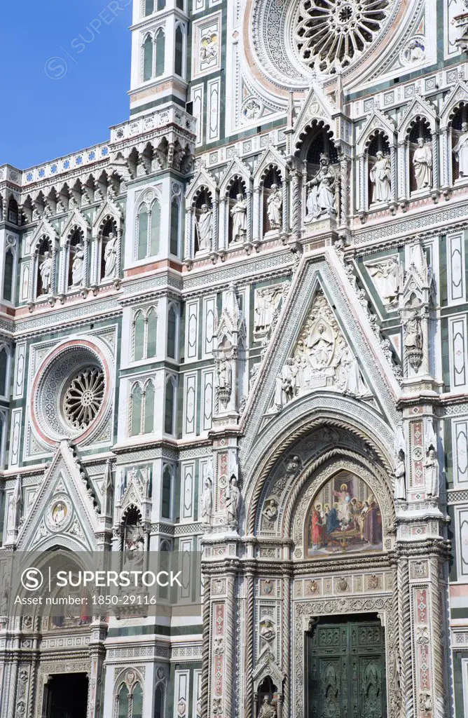 Italy, Tuscany, Florence, The Neo-Gothic Marble West Facade Of The Cathedral Of Santa Maria Del Fiore The Duomo.