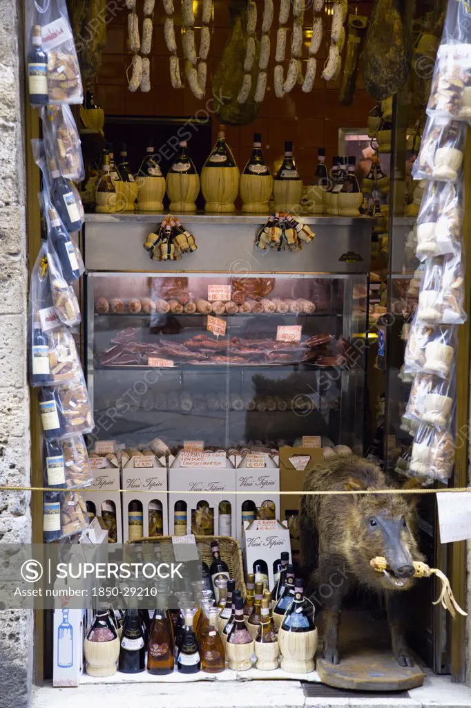 Italy, Tuscany, San Gimignano, Shop Display Of Chianti Wines And Wild Boar Products With A Stuffed Wild Boar Beside The Wines.