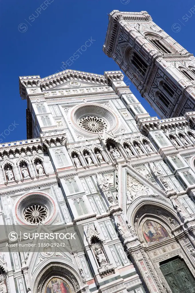 Italy, Tuscany, Florence, The Neo-Gothic Marble West Facade Of The Cathedral Of Santa Maria Del Fiore The Duomo And Giottos Campanile Bell Tower.
