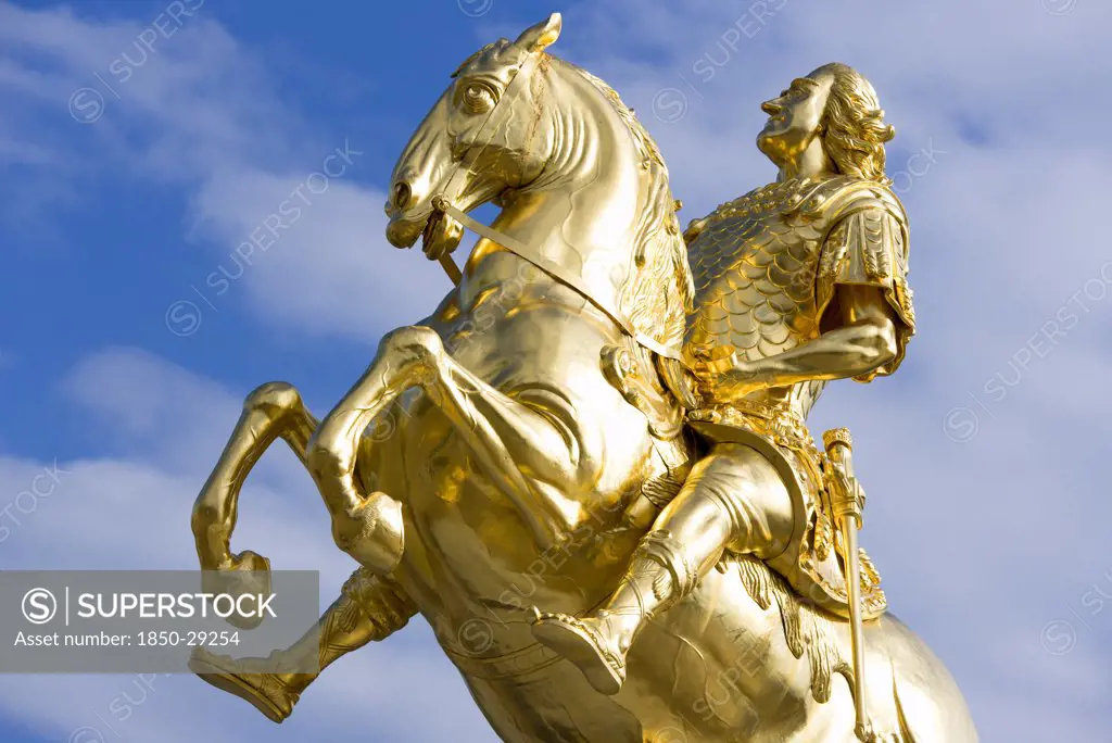 Germany, Saxony, Dresden, The 1734 Gilded Statue By Ludwig Wiedemann Known As Goldener Reiter Or Golden Rider An Equestrian Statue Of The Saxon Elector And Polish King August The Strong In Neustdter Market Square.