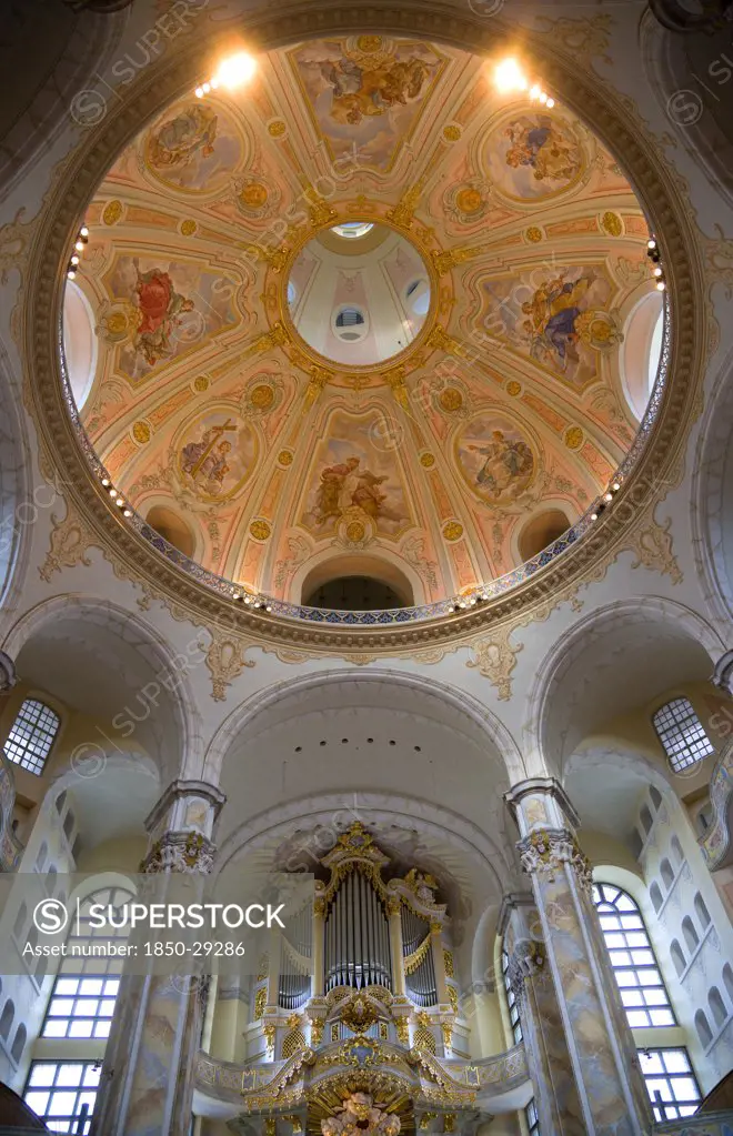 Germany, Saxony, Dresden, Interior Of The Restored Frauenkirche Church Of Our Lady Showing The Central Dome With Murals And The Organ.