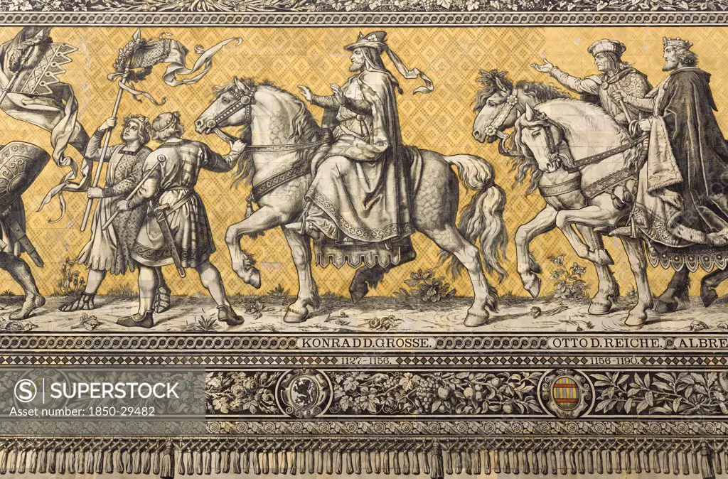 Germany, Saxony, Dresden, Furstenzug Or Procession Of The Dukes In Auguststrasse A Mural On 25 000 Meissen Tiles That Depicts 35 Noblemen From The 12Th Century Konrad The Great  To Friedrich August Iii  Saxonys Last King  Who Ruled From 1904-1918. It Was Originally Painted By Wilhelm Walter Between 1870 And 1876 But Eventually  The Stucco Began To Crumble And Around 1906-07 It Was Replaced By The Tiles. Detail Showing Konrad The Great.