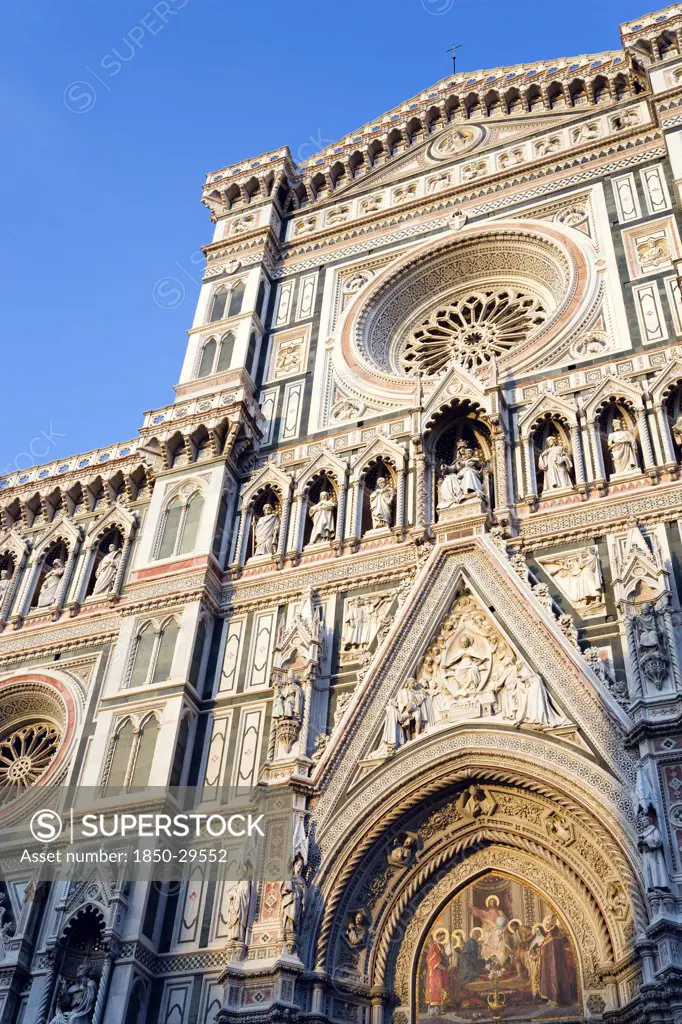 Italy, Tuscany, Florence, The Neo-Gothic Marble West Facade Of The Cathedral Church Of Santa Maria Del Fiore The Duomo.