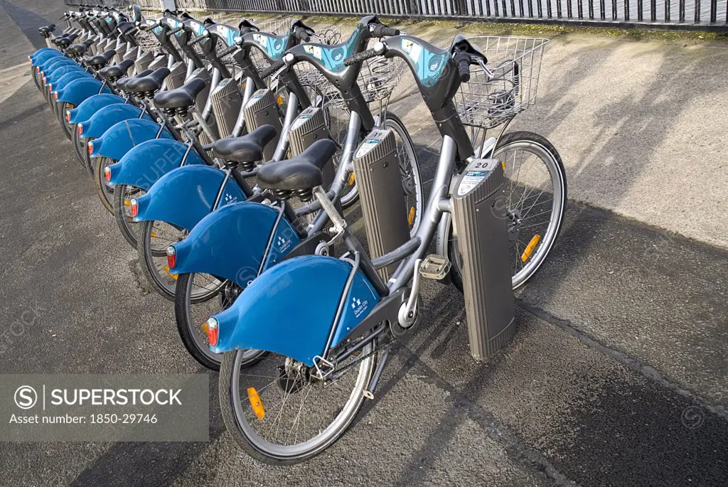Ireland, County Dublin, Dublin City, The Rent A Bike Scheme Is Now  Operating  Line Of Bkies Ready For Hire