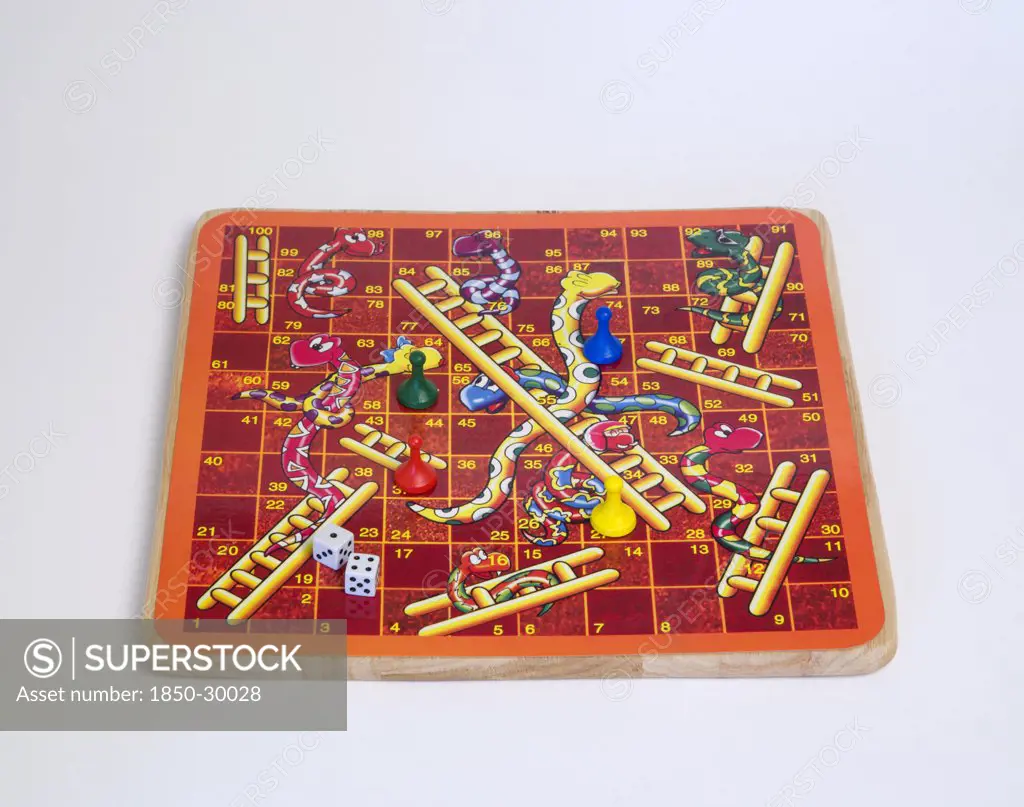Toys, Games, Board Games, Snakes And Ladders Board Game With Dice And Counters For Children Against A White Background.