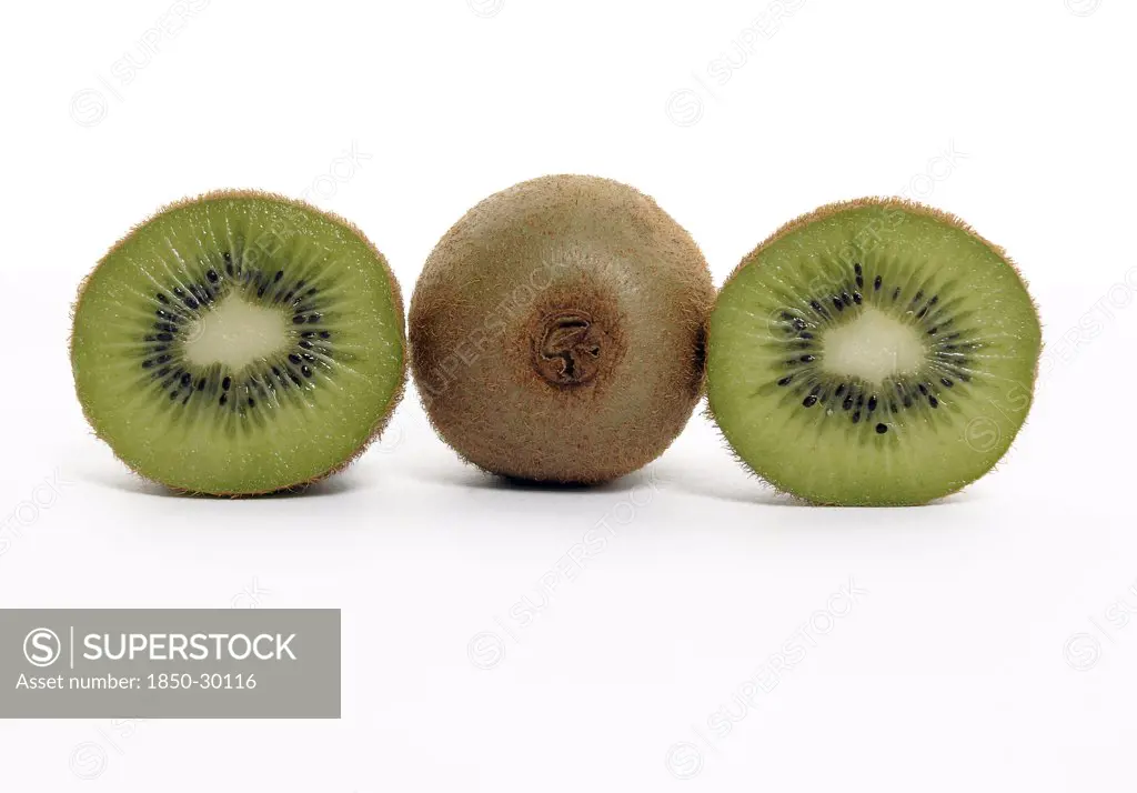 Food, Fruit, Kiwifruit, Whole And Section Through Kiwi Showing Seeds And Flesh.
