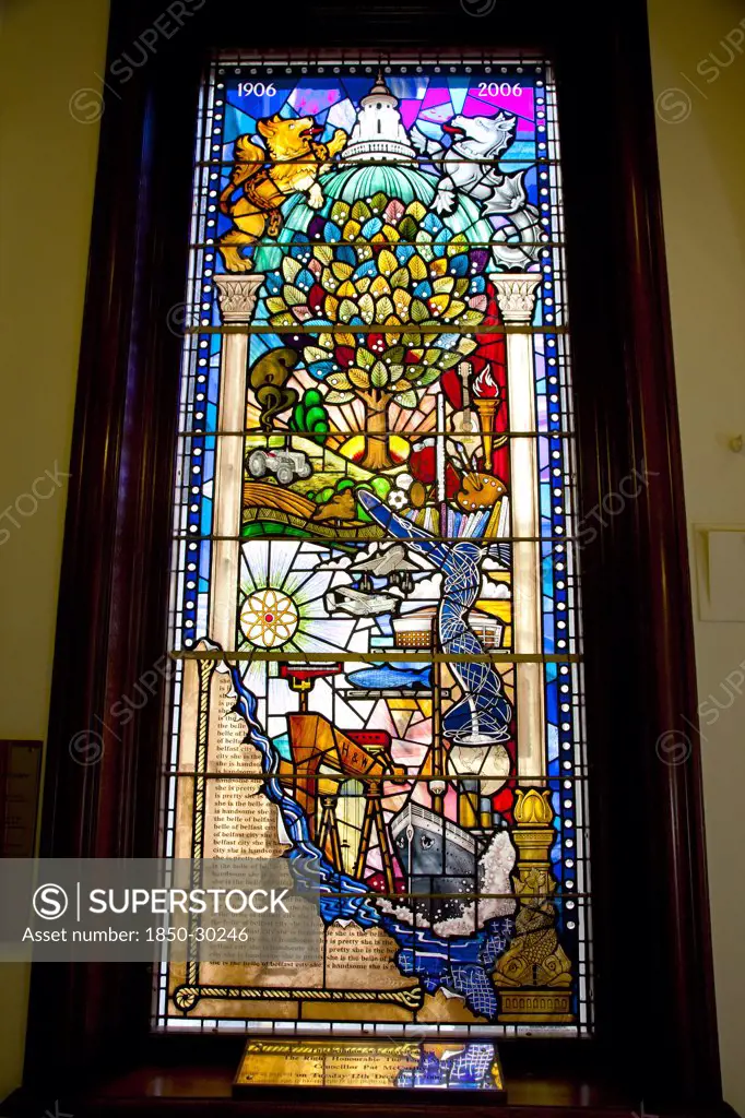 Ireland, North, Belfast, City Hall  Interior  Centenary Stained Glass Window With Various Scenes Depicted Including The Construction Of Titanic At Harland & Wolf Shipyard.