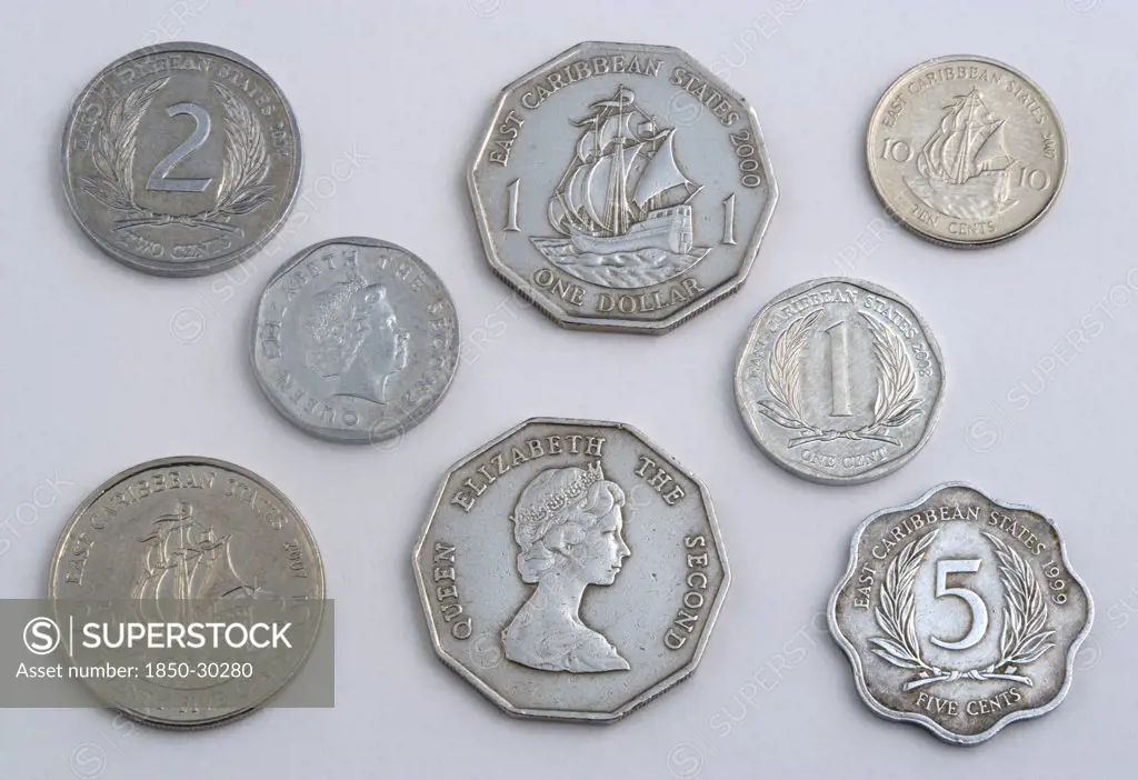 Business, Commerce, Finance, Variety Of Eastern Caribbean Dollar Coins In Various Cent Denominations Used As Currency By The Members Of The Organisation Of Eastern Caribbean States Or Oecs.