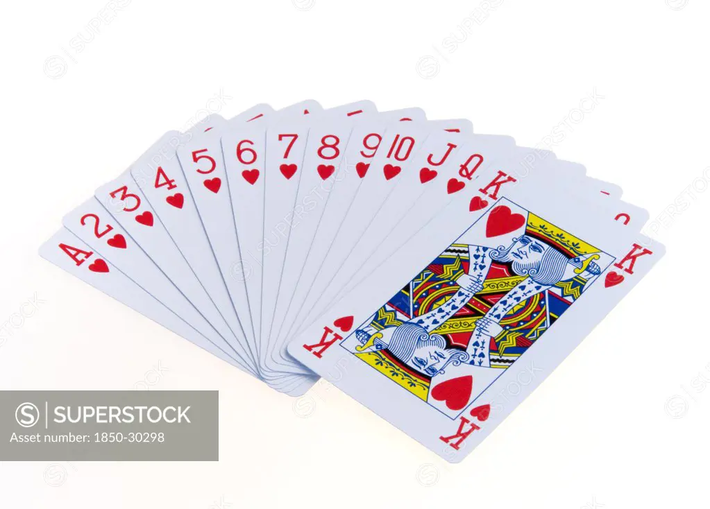 Games, Toys, Playing Cards, Playing Cardscards In The Suit Of Hearts Fanned Out In Numerical Order Against A White Background.