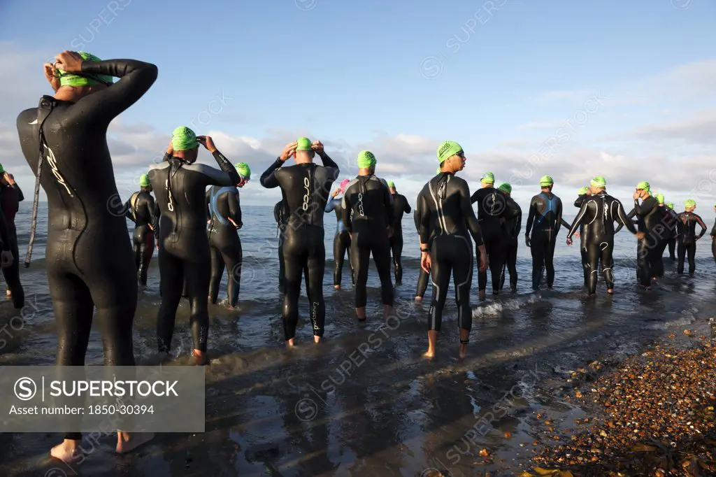 England, West Sussex, Goring-By-Sea, Worthing Triathlon 2009  Male Competitors At The Swim Start.