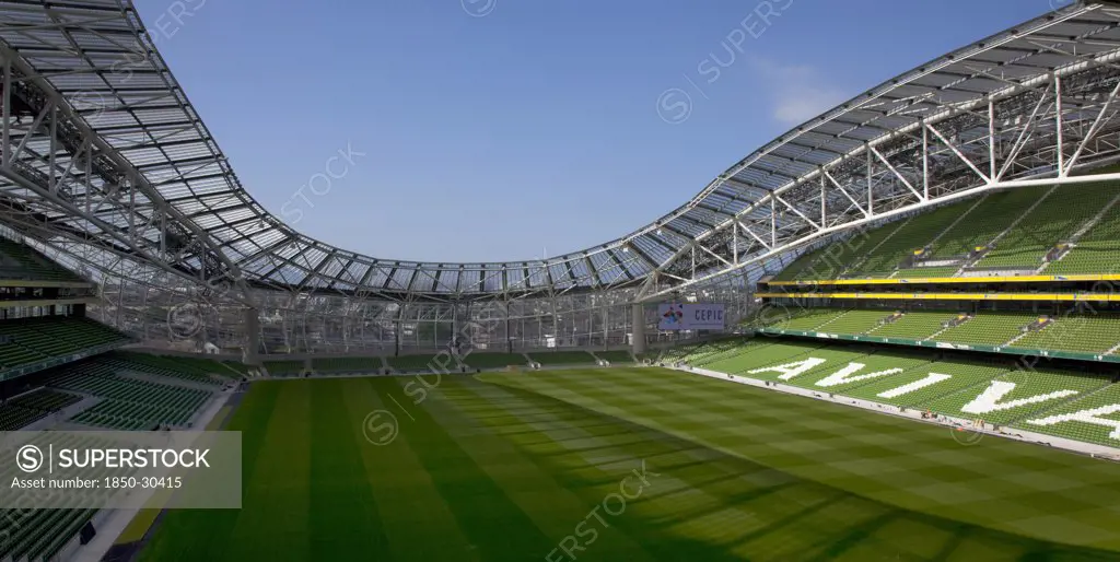 Ireland, County Dublin, Dublin City, Ballsbridge  Lansdowne Road  Aviva 50000 Capacity All Seater Football Stadium Designed By Populus And Scott Tallon Walker. A Concrete And Steel Structure With Polycarbonate Self Cleaing Glass Exterior Built At A Cost Of 41 Million Euros. Home To The National Rugby And Soccer Teams  Aslo Used As A Concert Venue.