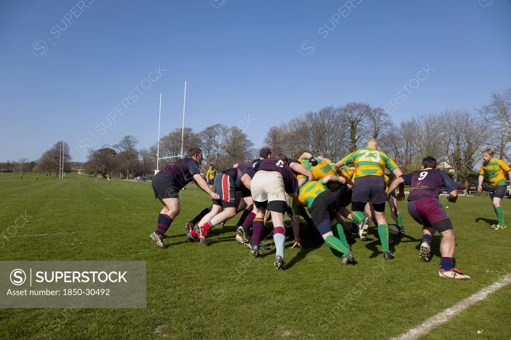 England, West Sussex, Shoreham-By-Sea, Rugby Teams Playing On Victoria Park Playing Fields.