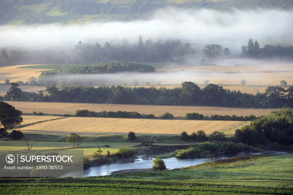 Scotland Weather Mist, View over farmland on misty morning