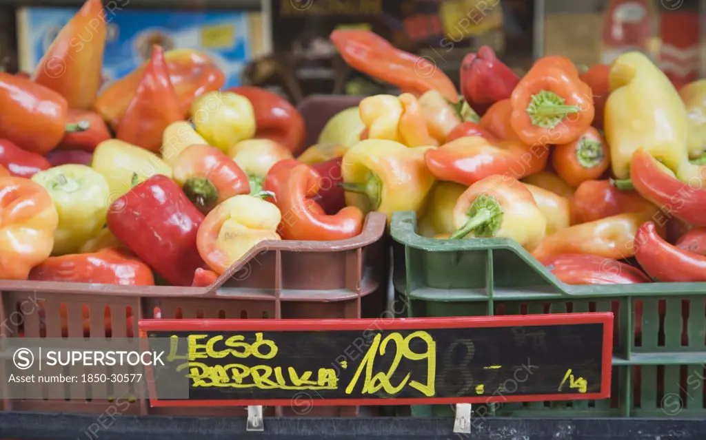 Hungary Pest County Budapest, Crate of red  orange and yellow Capsicum annuum or Bell Chili peppers