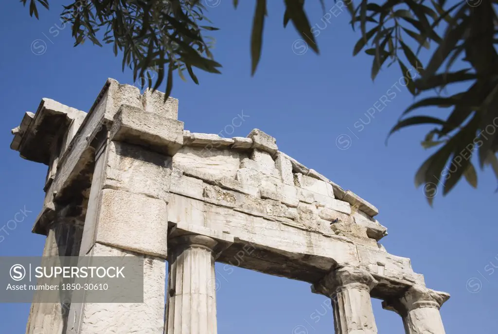 Greece Attica Athens, Part view of ruined colonnade in the Ancient Agora of Athens