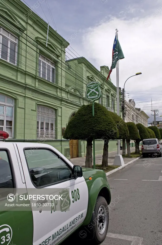 Chile Magellan And Antarctic Region Punta Arenas, Green painted Police Headquarters off the Plaza Munoz Gamero