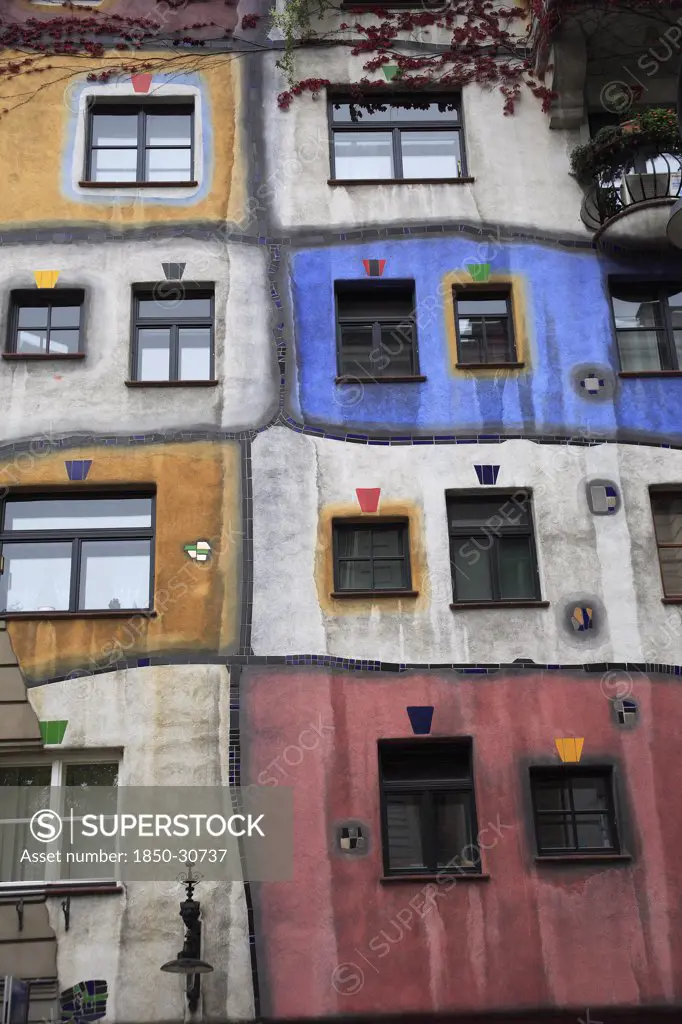 Austria Vienna, Hundertwasswerhaus moderm colourful expressionist apartment building exterior