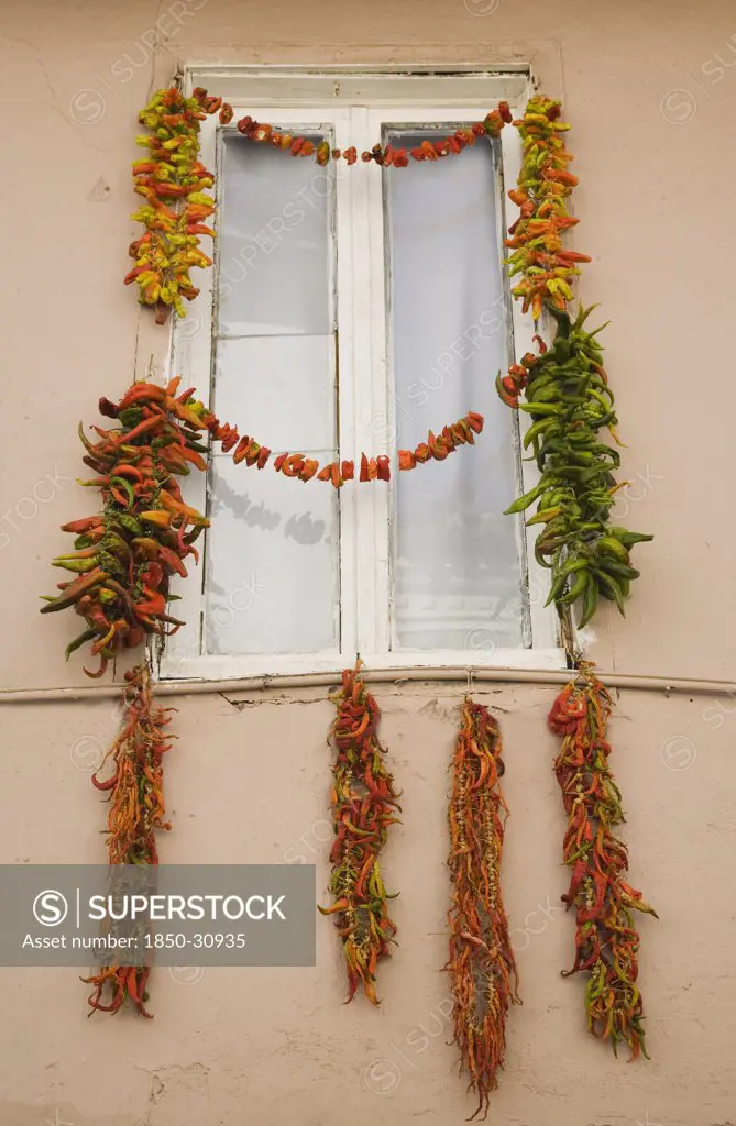 Turkey Aydin Province KUSAdasi, Strings of red  green and orange chili peppers strung up to dry